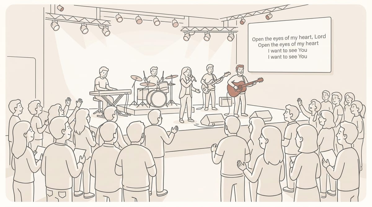 Worship band on stage with congregation standing, seen from behind