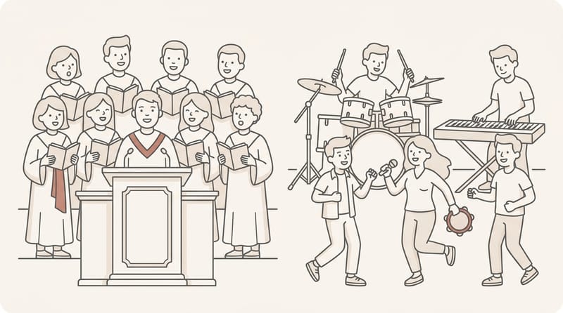 Split scene: choir and piano in a Baptist church on one side, full worship band with raised hands on the other