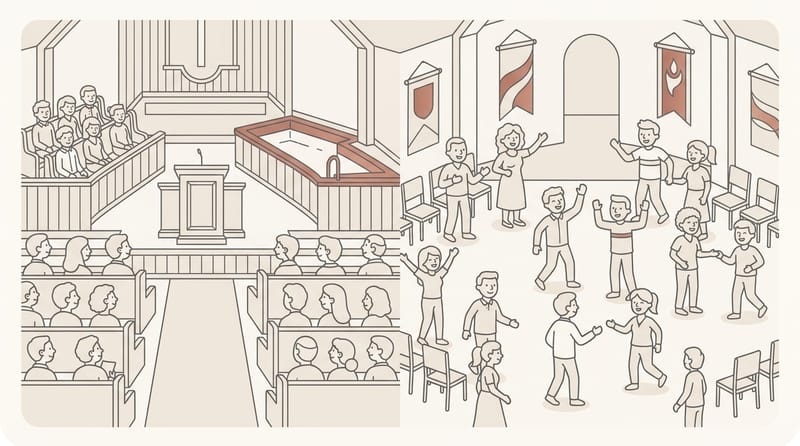 Split scene: traditional Baptist sanctuary with pews on one side, colorful Pentecostal auditorium on the other