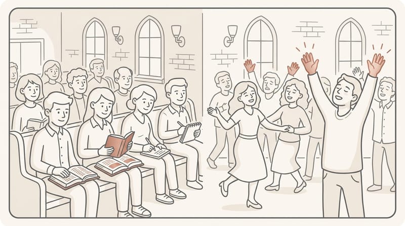Split scene: attentive seated congregation on one side, people standing with hands raised on the other