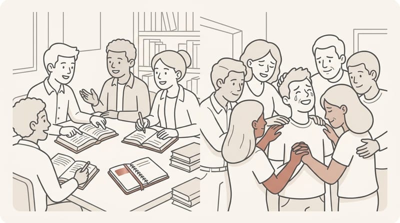 Split scene: person studying Bible quietly on one side, person praying with hands outstretched on the other