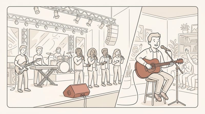 Split scene: large worship band on a big stage on one side, single guitarist leading a small room on the other