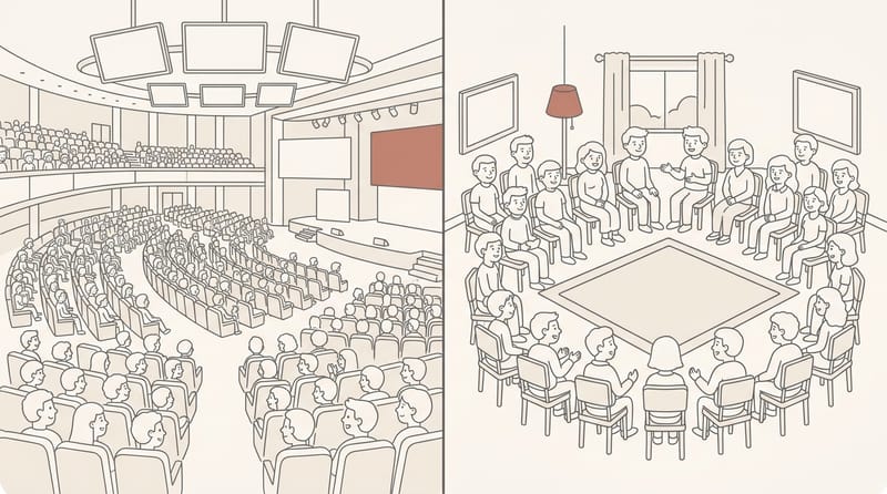 Split scene: large auditorium with hundreds of seats on one side, cozy room with a few dozen chairs on the other
