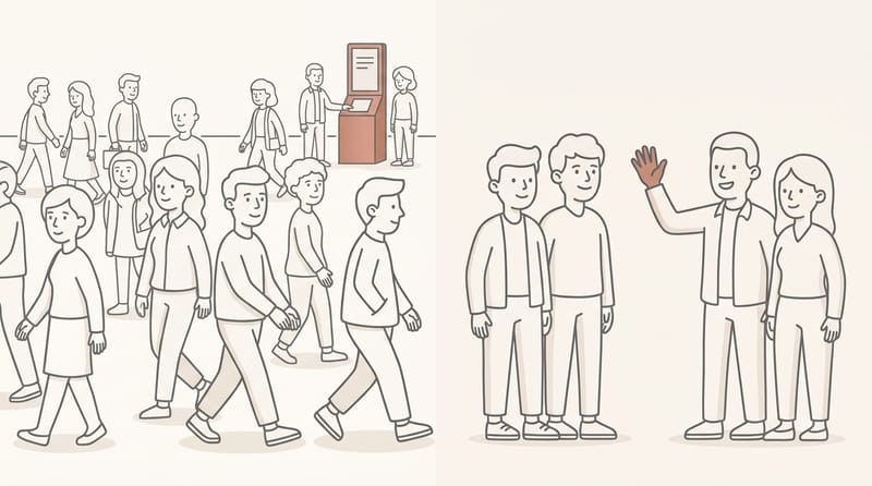 Split scene: person blending into a large crowd on one side, small group having coffee together on the other