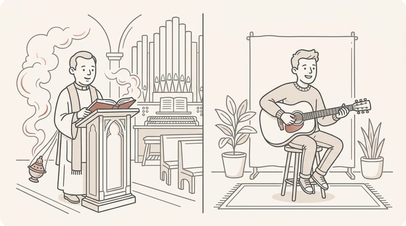 Split scene: choir singing from a hymnal on one side, worship leader with eyes closed improvising on the other
