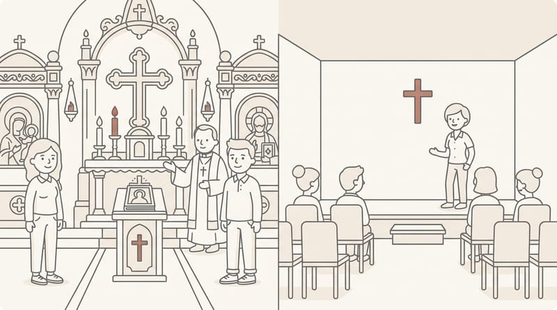 Split scene: ornate church interior with altar and candles on one side, simple stage with minimal decor on the other