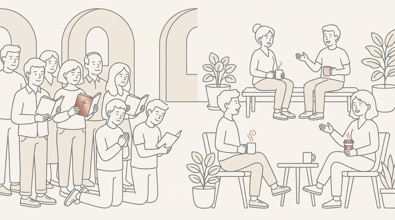 Split scene: congregation standing and sitting in unison on one side, people moving freely around the room on the other