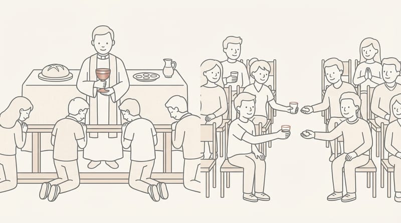 Split scene: formal communion at an altar rail on one side, bread and cups passed casually through rows on the other