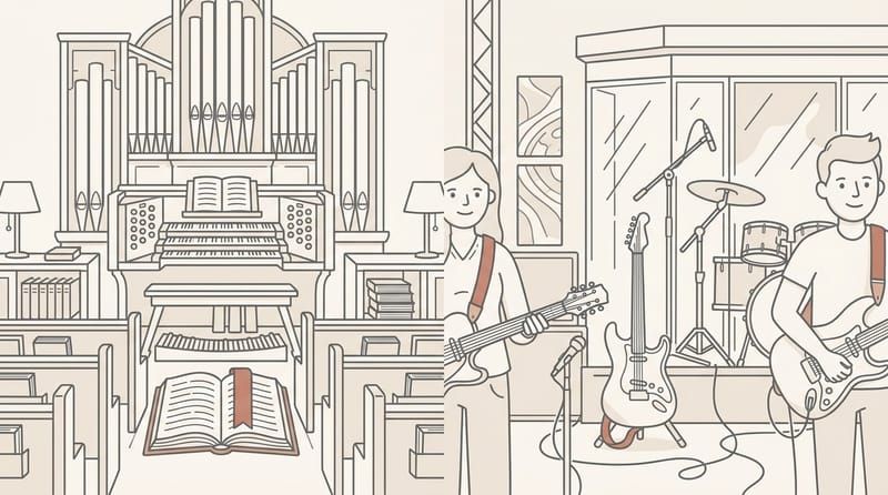 Split scene: organ and hymn books on one side, electric guitars and screens on the other