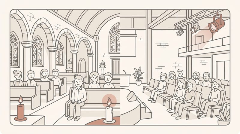 Split scene: stained glass and wooden pews on one side, modern stage lighting and chairs on the other