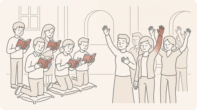 Split scene: order of service bulletin on one side, worship band on stage on the other