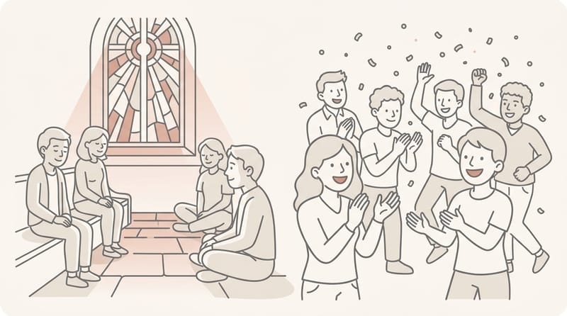 Split scene: quiet reverent moment on one side, hands raised in worship on the other