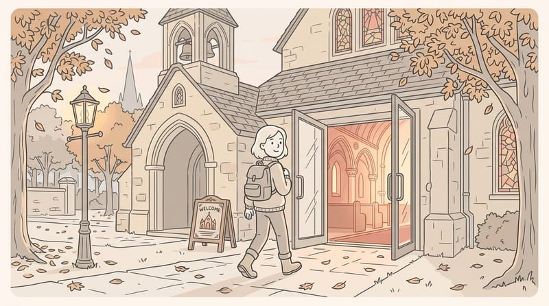 Walking toward warm church entrance with light glowing through the doors