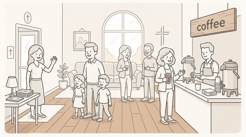 Welcoming church lobby with coffee station and friendly greeter