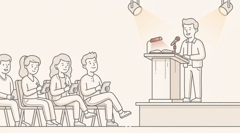 Speaker at podium with open Bible and warm stage lights