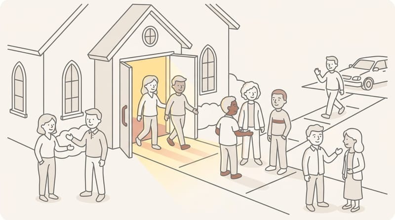 People leaving church through open doors into sunlight