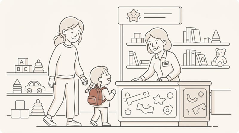 Parent and child at a colorful kids check-in counter