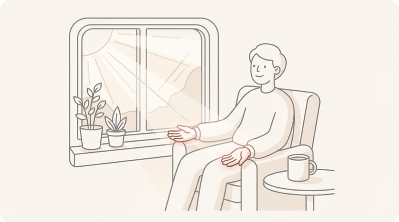 Person sitting quietly by a window in morning light, hands resting open