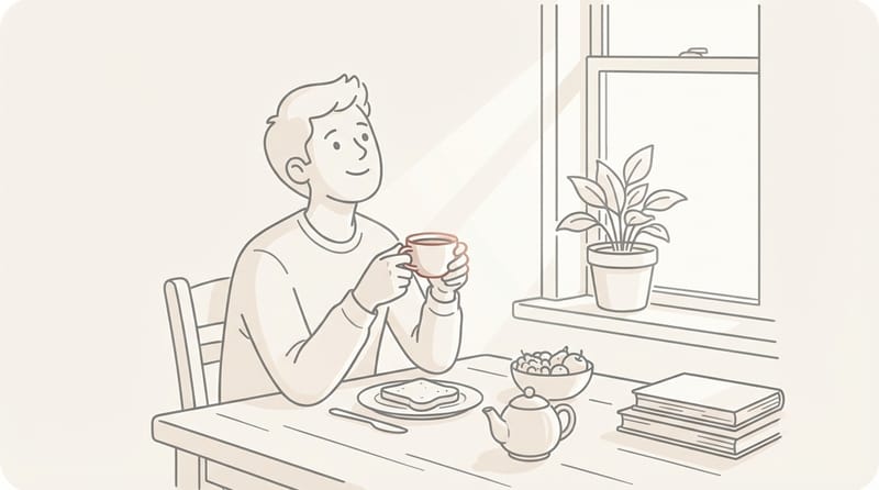 Person at kitchen table with coffee, looking up with gentle smile in morning light