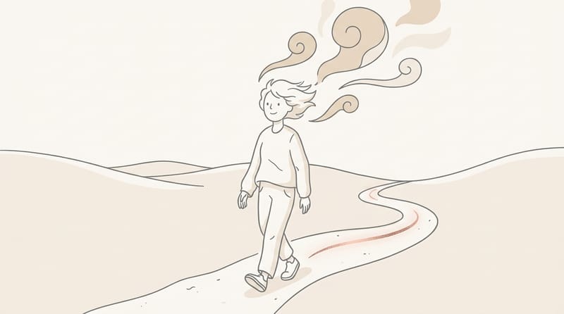 Person walking alone on a path outdoors with open sky above