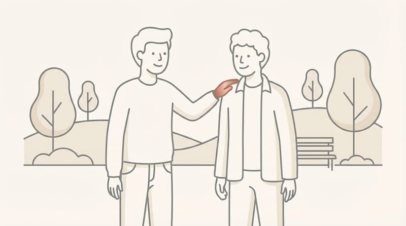 Two people, one gently placing a hand on the other's shoulder